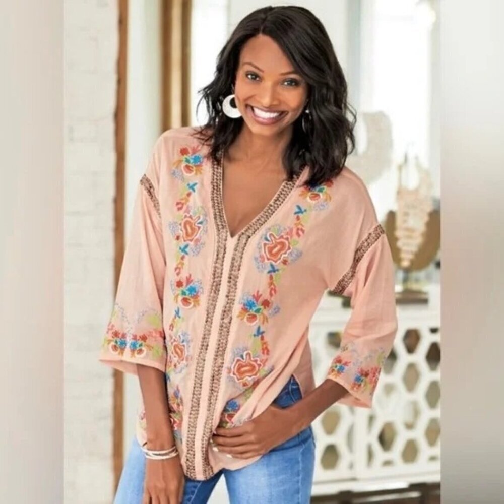 Soft Surroundings Palm Island Embroidered Tunic Top Small Peach Boho Artsy